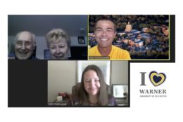 four people on a zoom call and one square with i heart warner