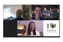 three people on zoom call with the fourth square saying i heart warner