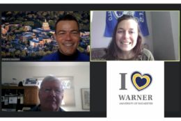three people on zoom call with the fourth square saying i heart warner