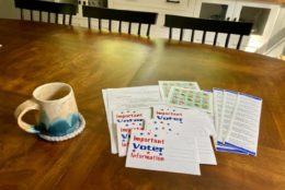 dark wood table with important voter information cards on it and a mug
