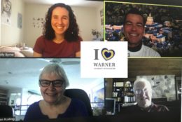 four people on a zoom call with i heart warner in the middle