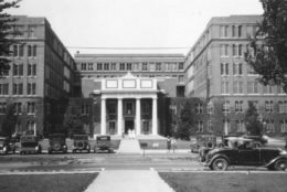 black/white photo of the front of the SMD entrance