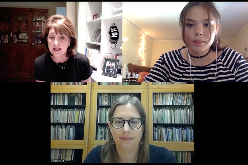 three woman during webinar in their squares