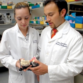 2 dental students holding a molding of teeth