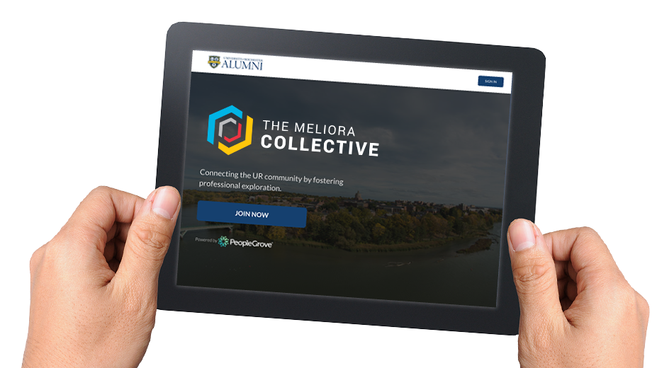 two hands holding ipad with the meliora collective website