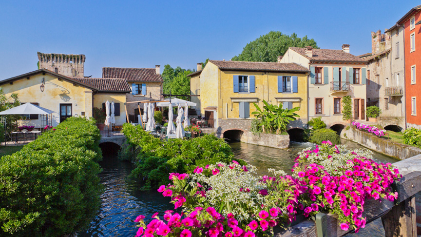 Colorful houses with magenta red flowers the foreground