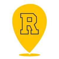 Yellow location pin with "R" outlines in blue