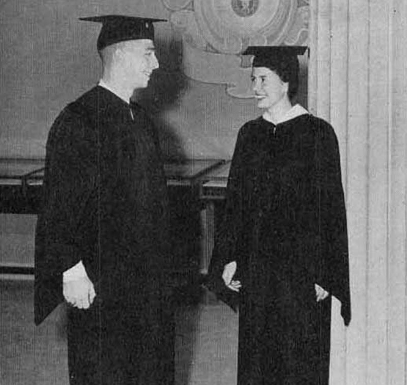 Richard Zuegel and Barbara Blake (Zuegel) model the “bachelor’s gown” as featured in the May 1957 issue of Rochester Review.