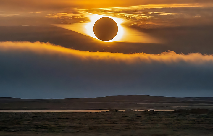 A fully eclipsed sun among the clousds and landscape