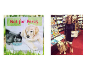 A side-by-side image showing the children's book Not for Percy featuring a kitten and a puppy on the cover, and a woman holding the same book while standing in a bookstore beside a golden retriever.