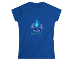 A blue t-shirt featuring a colorful lotus design with a meditating figure and the text “Heavily Meditated” printed in stylized lettering on the front.