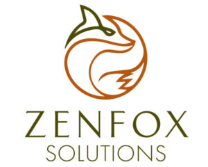 A logo for ZenFox Solutions featuring a stylized fox formed by curved lines in earthy orange and green tones, positioned above the company name written in elegant, modern typography.