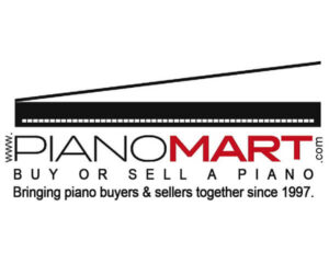 A logo for PianoMart features a stylized piano keyboard above the company name with the tagline, “Bringing piano buyers & sellers together since 1997.”