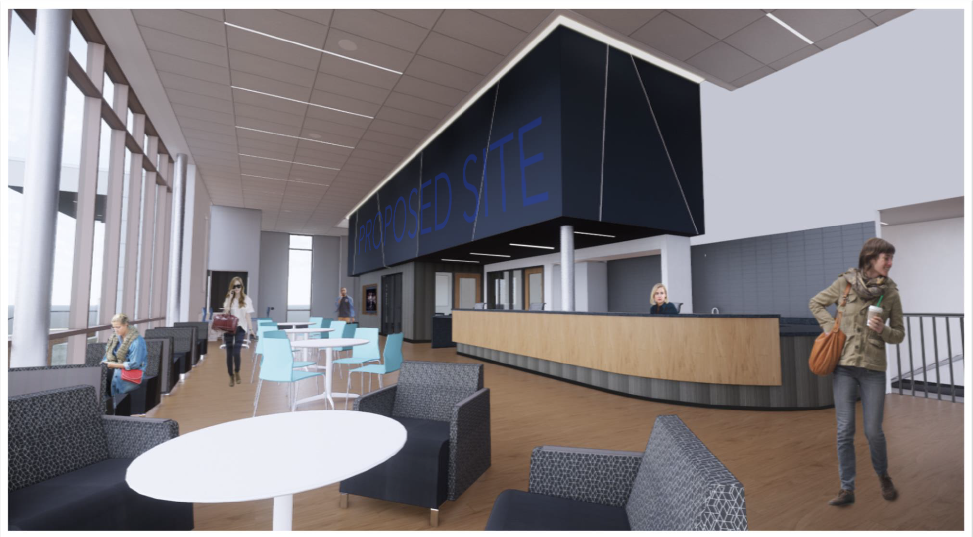 Image is a rendering and shows the proposed space for the artwork in the Sloan Performing Arts Center.