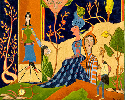 surreal paintings of people in a forest