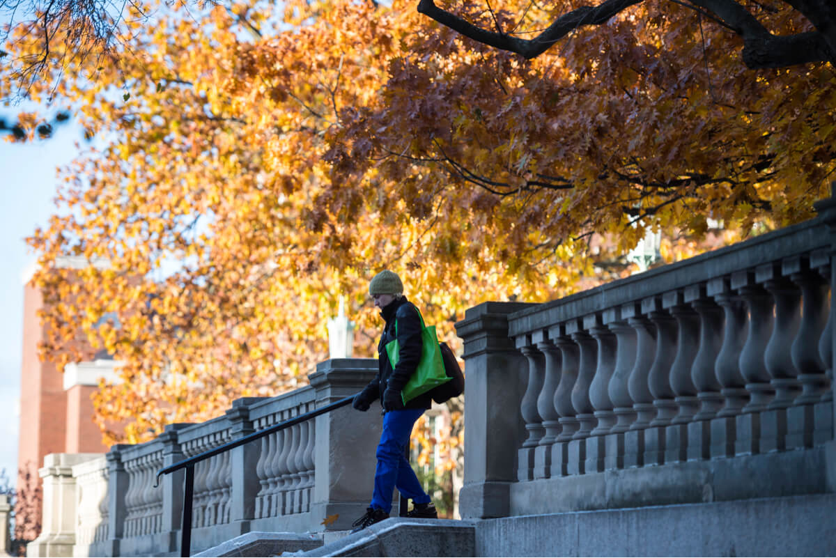 Person walks on Rush Rhees Library Quad