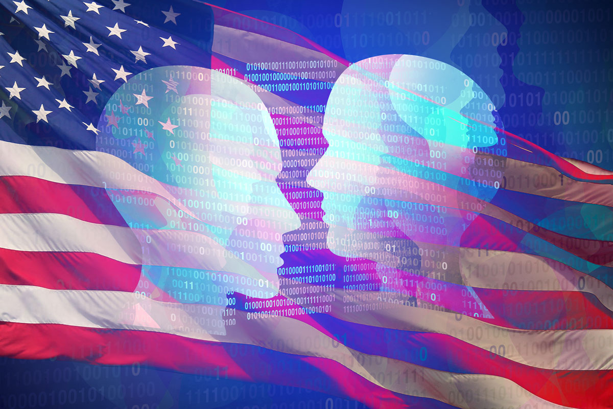 American flag with silhouettes of two faces and binary code overlay.