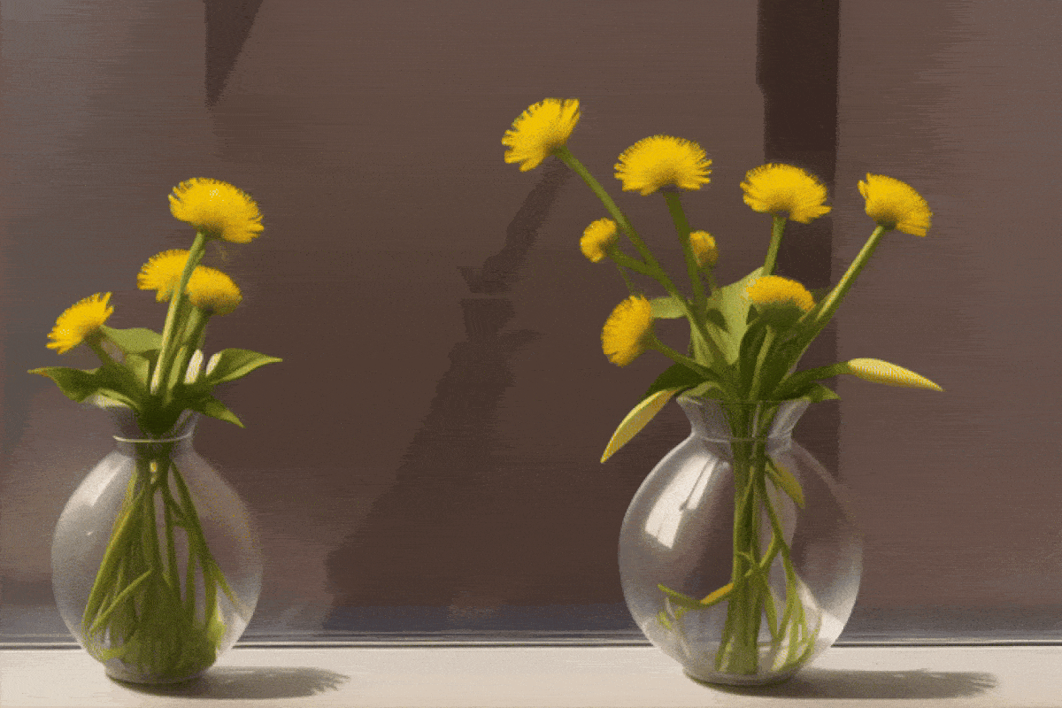 GIF of two vases filled with dandelions blossoming to illustrate text-to-video artificial intelligence advances.