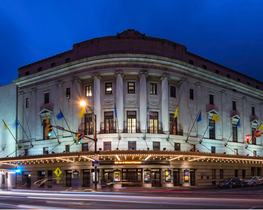Exterior shot of University of Rochester Eastman School of Music at night
