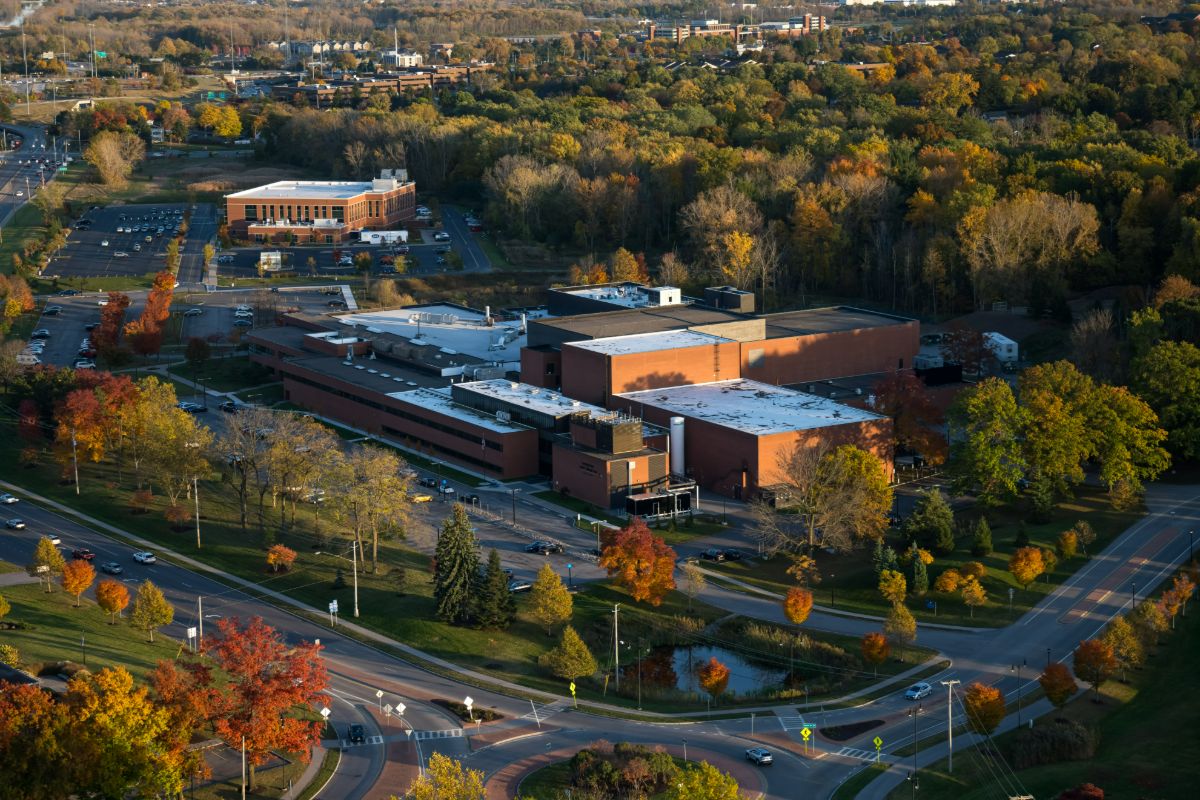 Aerial view of the University of Rochester campus, showcasing its architecture and green spaces.
