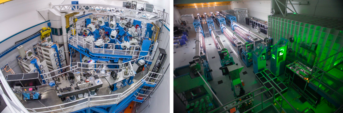 Two images of a large machine with green lights at the University of Rochester’s Laboratory for Laser Energetics.