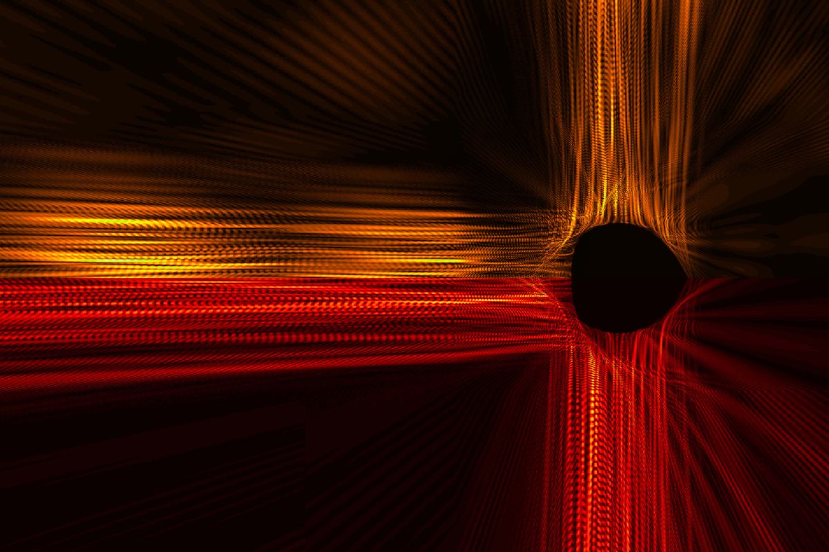 Abstract red and orange lines create a dynamic pattern against a black background, representing energy at the University of Rochester.