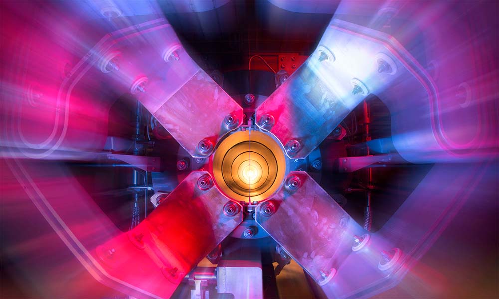 Stylized image of particle accelerator at Fermilab that produces beam of neutrinos to measure protons.