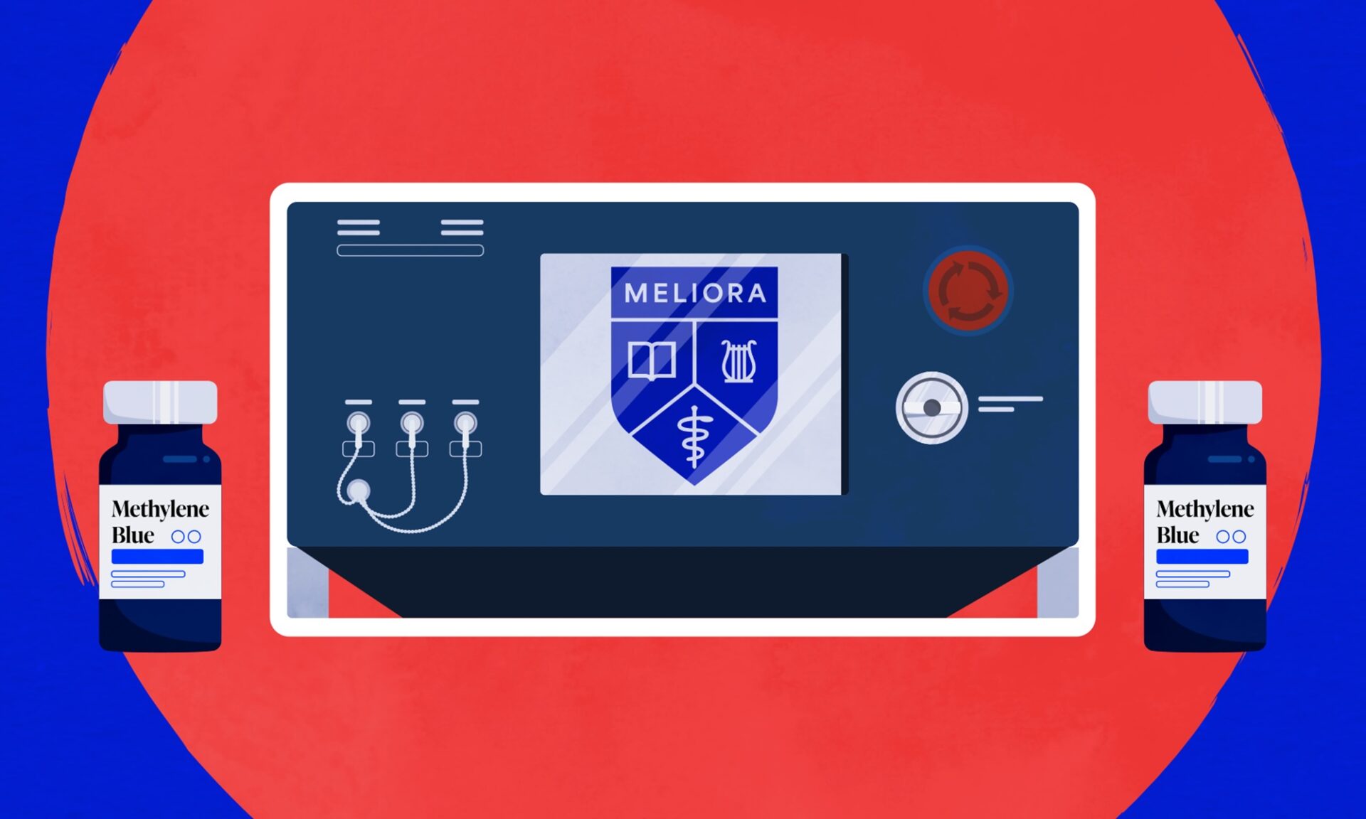 Illustration of a photodynamic therapy machine next to two vials of methylene blue.