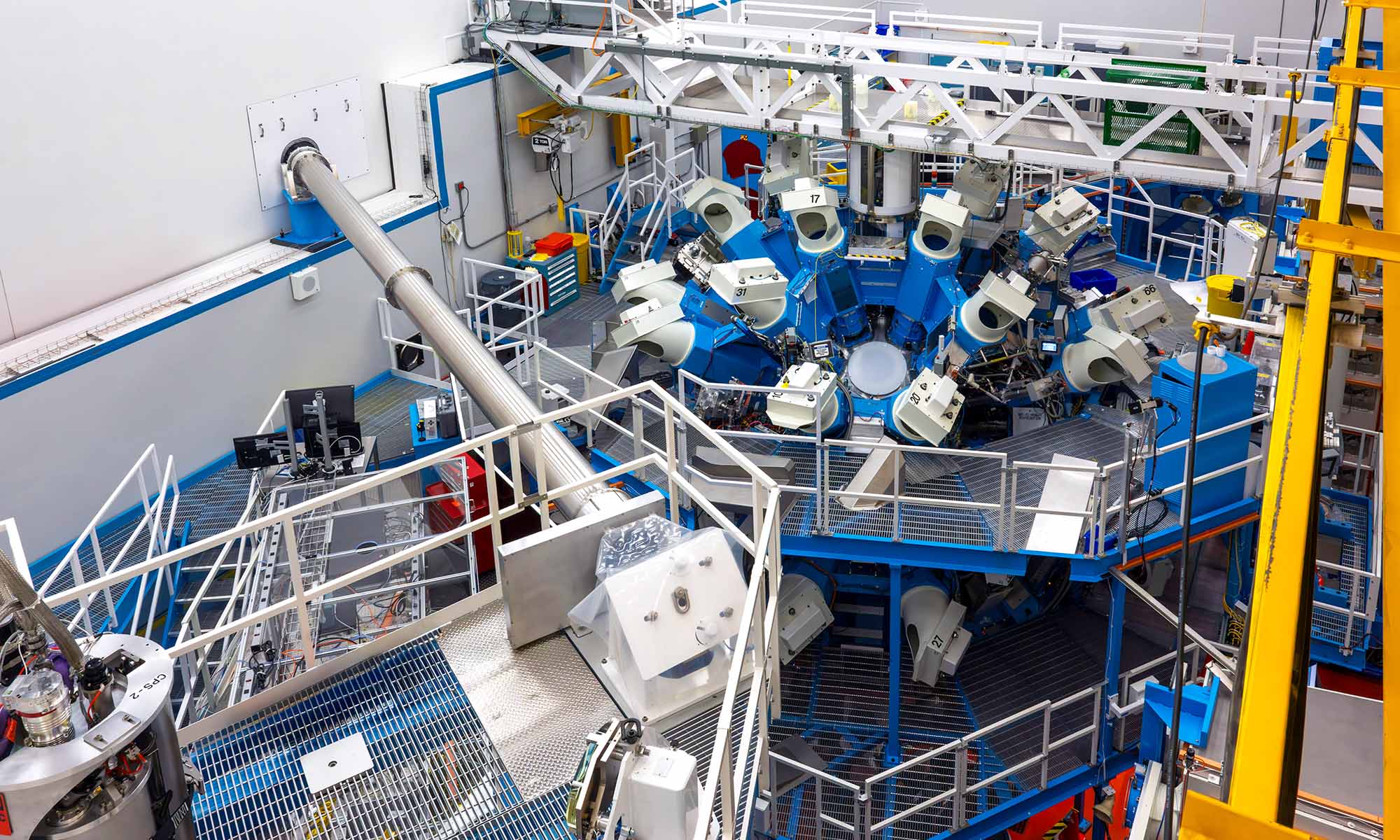 Overhead view of the OMEGA Laser System target bay.