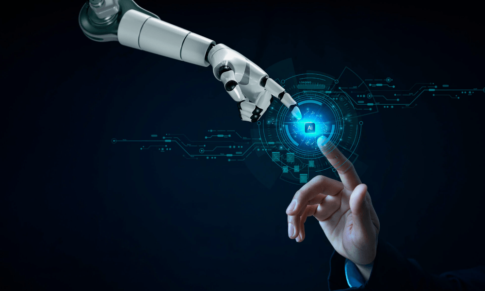 A digital rendering of a human hand and a robot hand reaching toward each other, with a glowing light between them