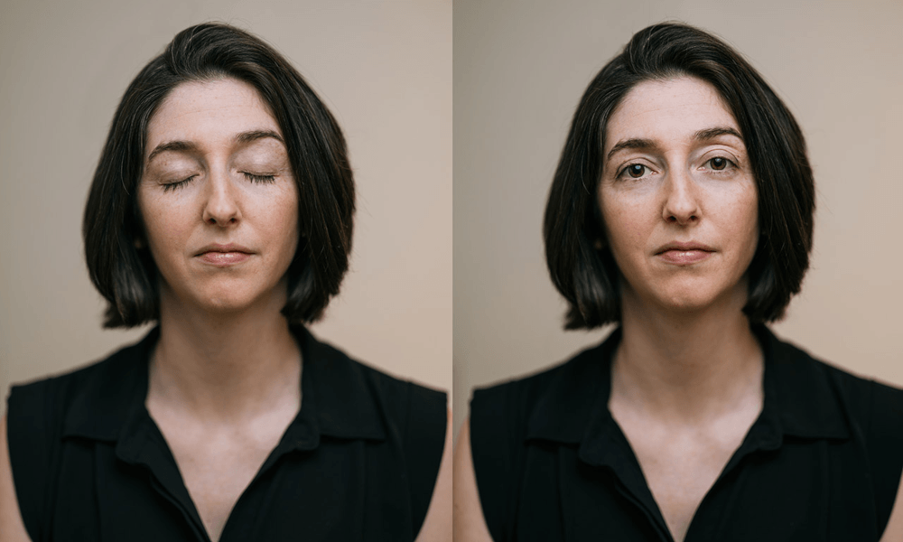 Two shots of Michelle Carr, one eyes open and one eyes closed