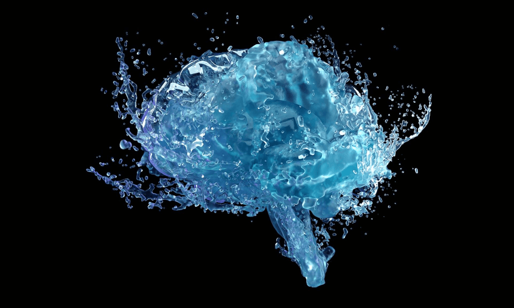 The shape of a brain but composed entirely of water that is sloshing around, all set against a black background.