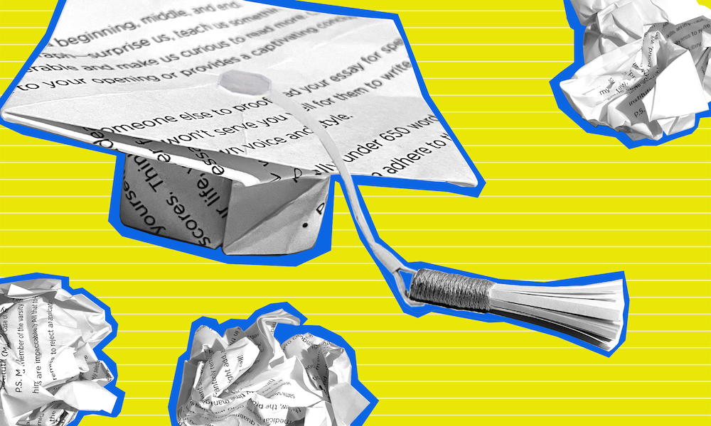 An illustrated paper airplane folded from a college application essay soars across a bright yellow background, surrounded by crumpled drafts outlined in blue.