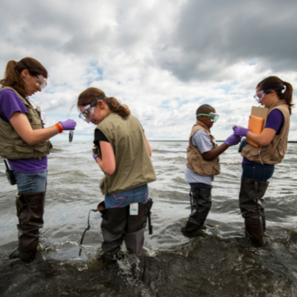 Four individuals in waders standing in water, engaged in an activity at the University of Rochester.
