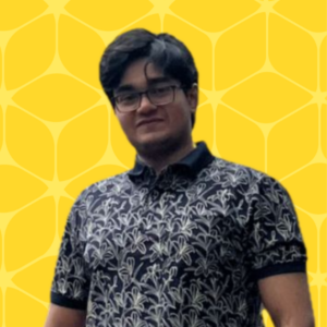 Naman Bhagat's headshot smiling with a yellow box background