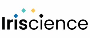 a logo with the word iriscience and four dots in an arch above it connecting the two lowercase "I"s