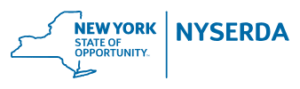 On the left a picture of New York State with the words New York State of Opportunity separated by a thin blue Vertical Line and the letters NYSERDA on the right of that line