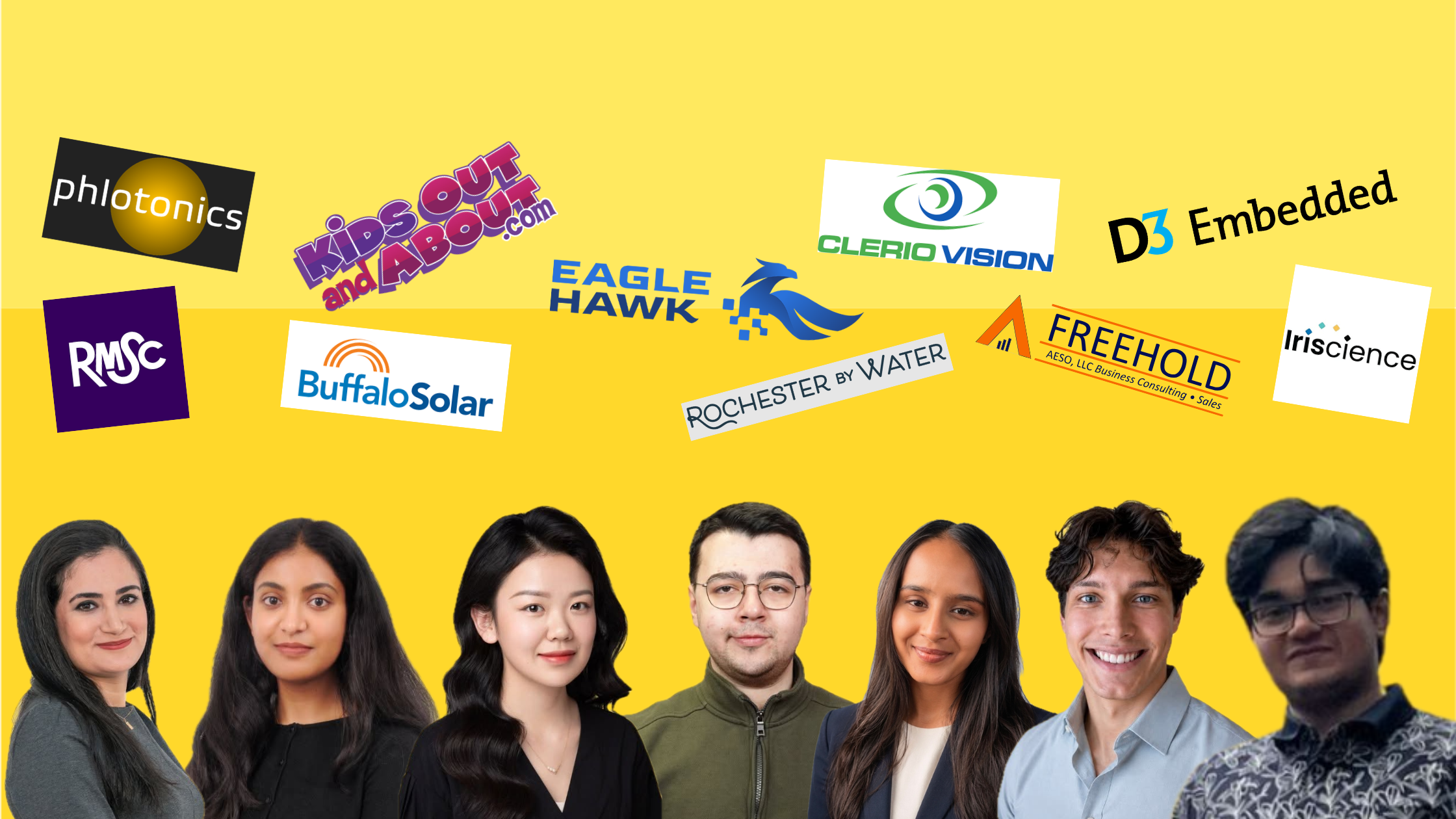 A decorative banner with a yellow background, featuring the logos of 10 company partners and 8 different interns headshots.