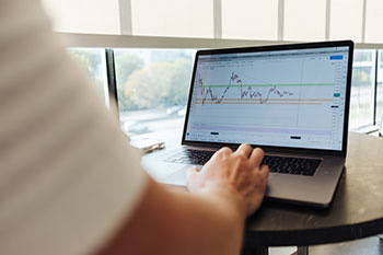 A person checking statistics on a laptop computer.