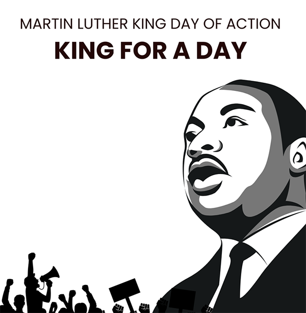 A graphic of MLK Jr.'s face with activists in the lower left corner.