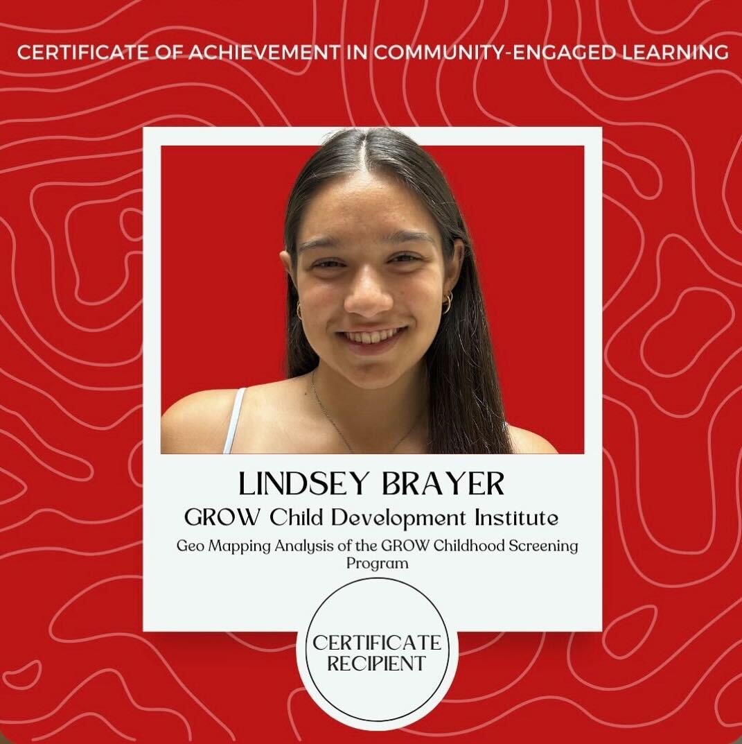 A headshot of Lindsey in a Polaroid frame on a red and white graphic background.