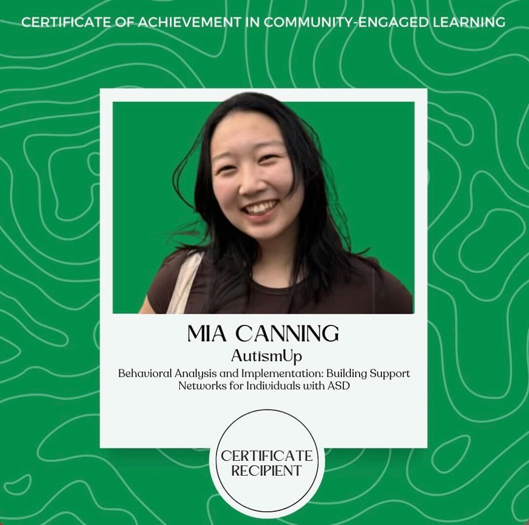 A headshot of Mia in a Polaroid frame on a green and white graphic background.