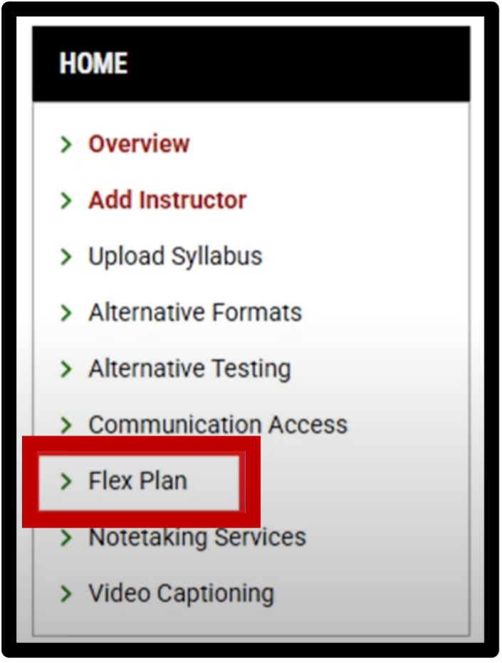 A screen shot of the side menu with the Flex Plan item outlined in red.