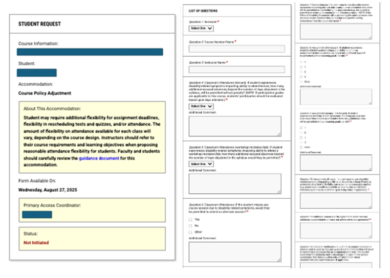 A screen shot of the student request form.