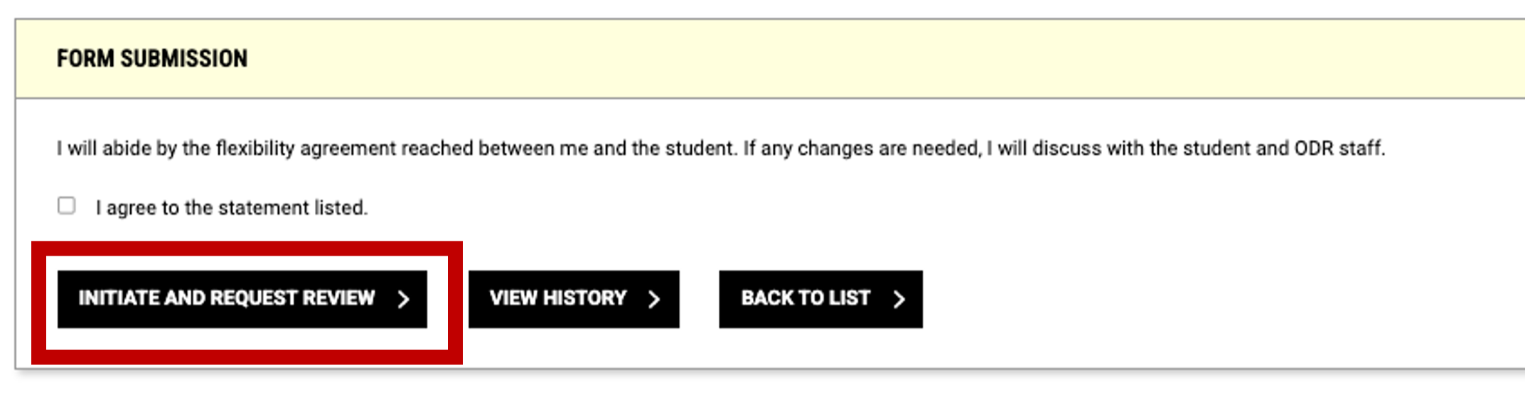 A screen shot of the form submission with the initiate request button outlined in red.