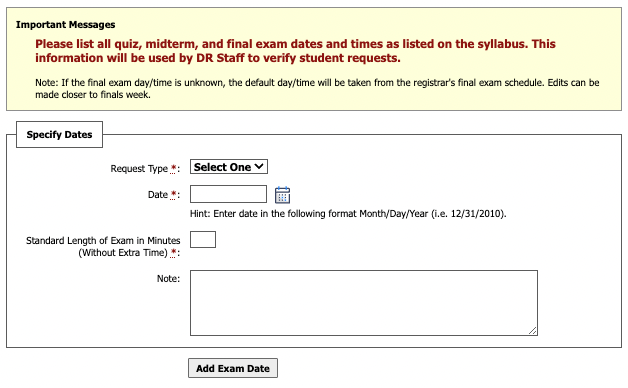 Screenshot of Specify Dates field