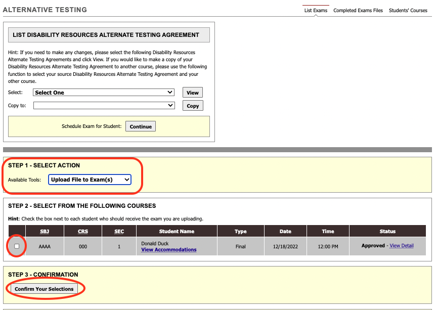 Screenshot of Upload Exam option