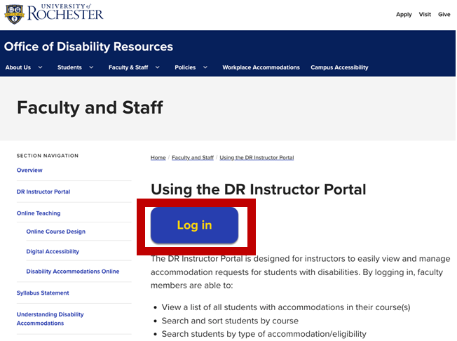 Screenshot of this page highlighting the login button.