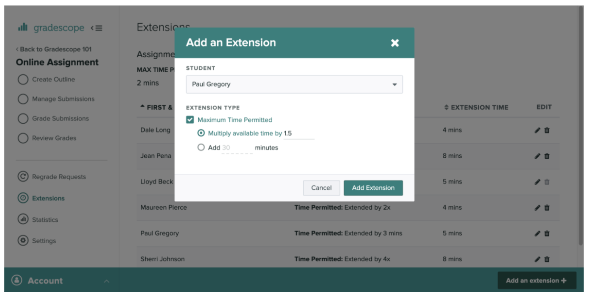 Screenshot of Gradescope Assignment Level Extension