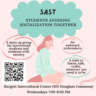 An image of a student sitting alone, advertising the Students Avoiding Socialization Together group